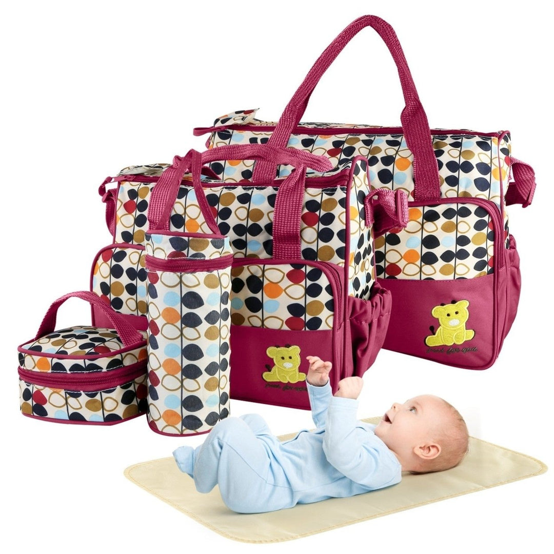 5PCS Baby Nappy Diaper Bags Set Mummy Diaper Shoulder Bags w/ Nappy Changing Pad Insulated Pockets Travel Tote Bags Image 2