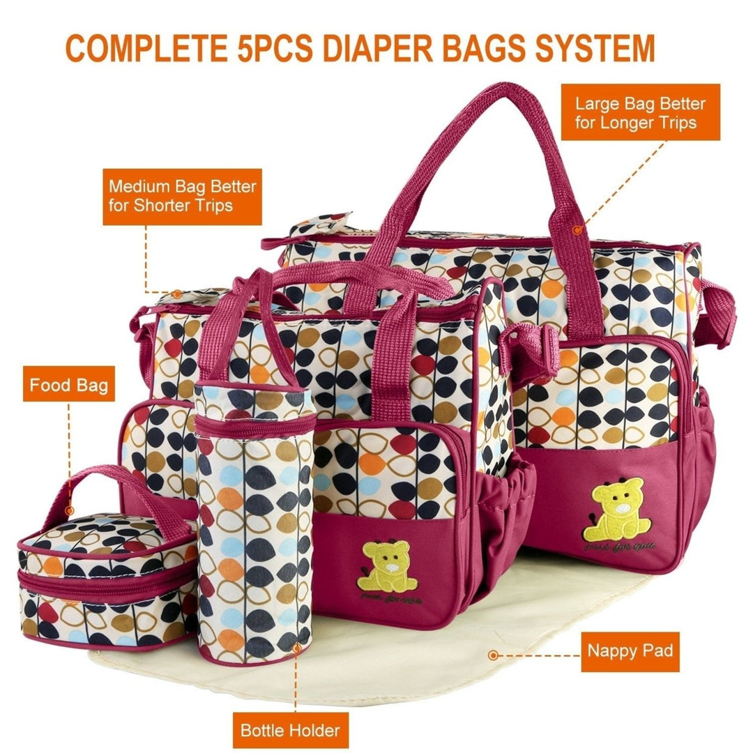 5PCS Baby Nappy Diaper Bags Set Mummy Diaper Shoulder Bags w/ Nappy Changing Pad Insulated Pockets Travel Tote Bags Image 3