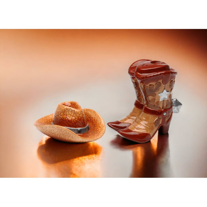 Hand Painted Ceramic Cowboy Hat Boots Salt Pepper Shakers Western Image 2