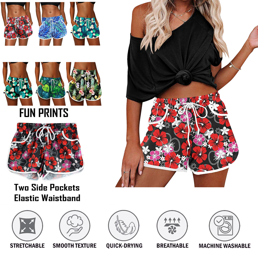 2-Pack Womens Floral Printed Shorts Elastic Waist Drawstring Summer Lounge wear Pants Casual Dolphin Shorts with Pockets Image 2