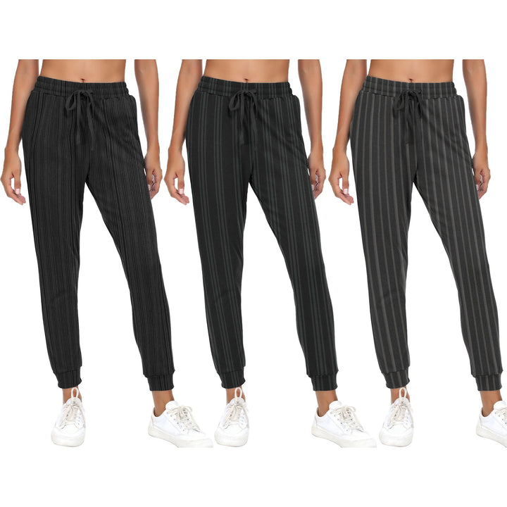 2-Pack Womens Striped Jogger Sweatpants with Pocket Drawstring Elastic Waist- Soft Breathable Casual Active Lounge Wear Image 1