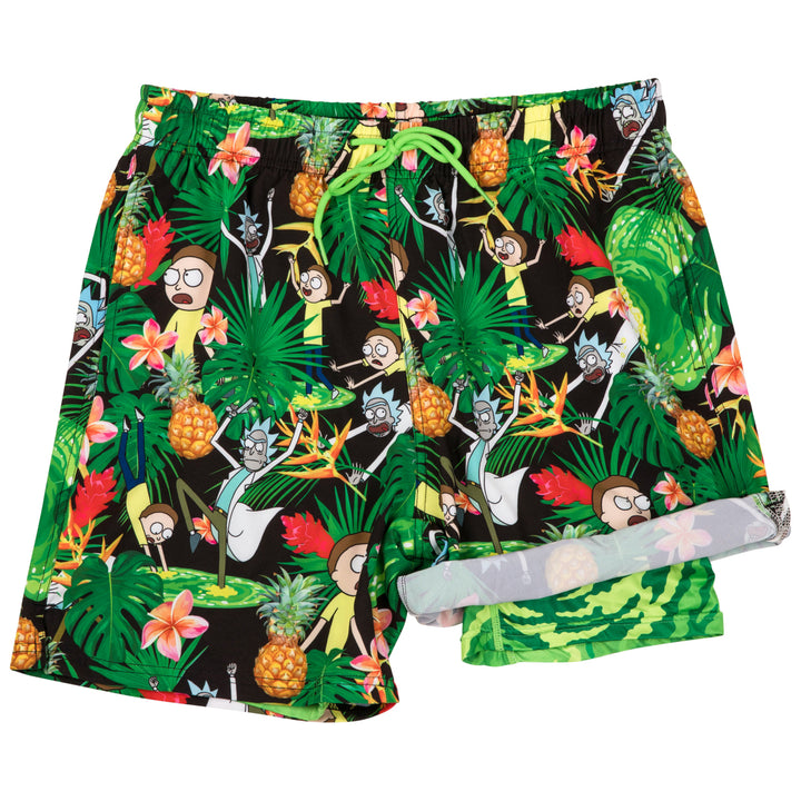 Rick And Morty Tropical Adventures 6" Inseam Lined Swim Trunks Image 1