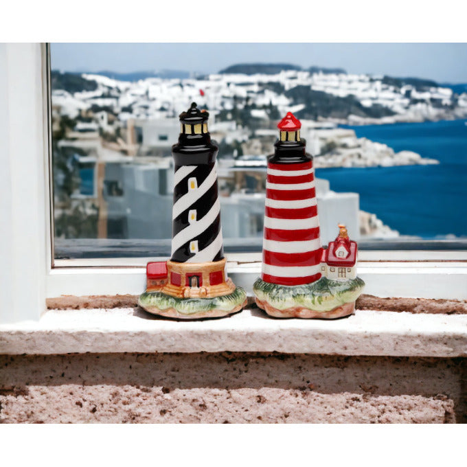 Ceramic Salt and Pepper Shakers Lighthouse Black Red Image 1