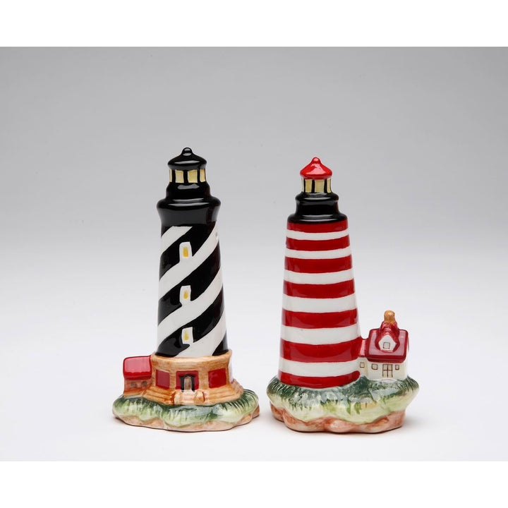 Ceramic Salt and Pepper Shakers Lighthouse Black Red Image 3