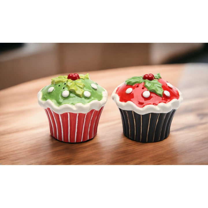 Ceramic Christmas Salt and Pepper Shakers Holly Cupcake 2.875 Inch Holiday Decor Image 1