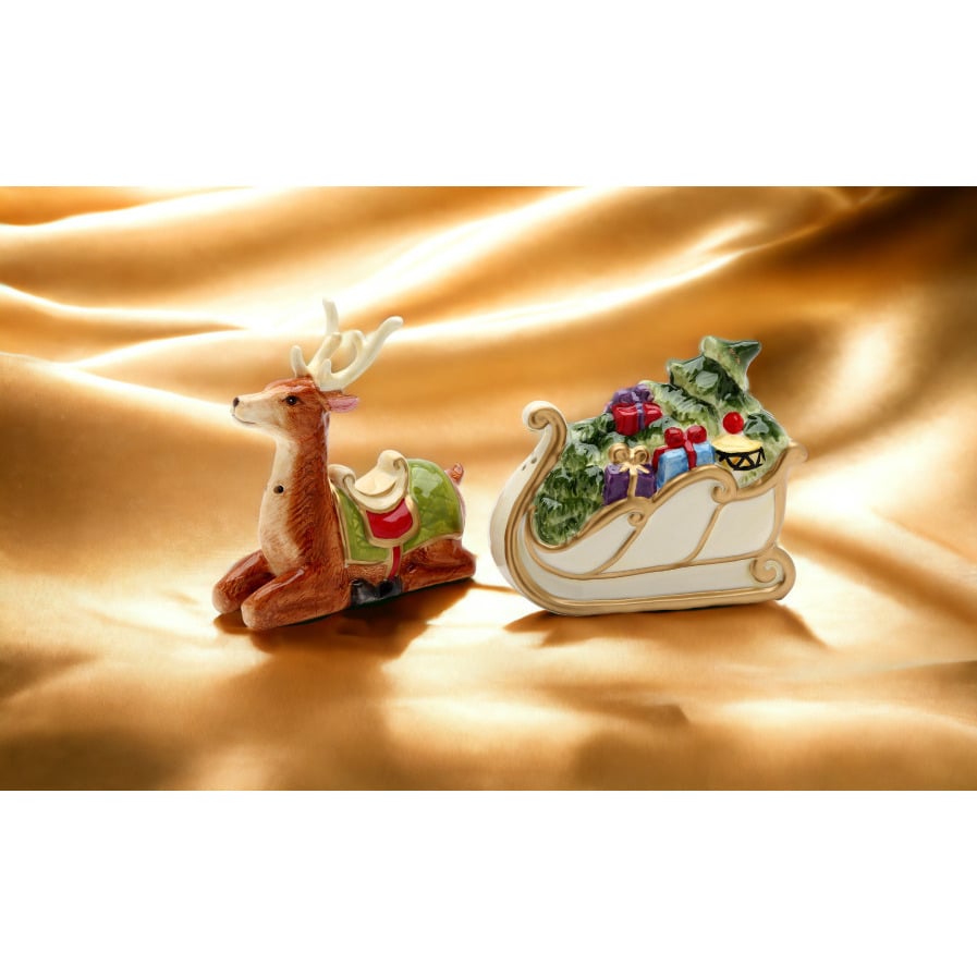 Ceramic Christmas Sleigh Deer Salt Pepper Shakers Image 2