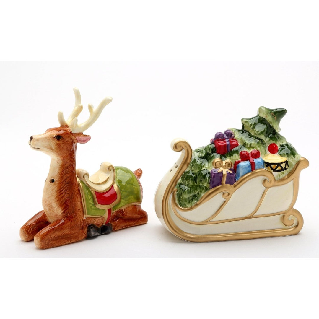 Ceramic Christmas Sleigh Deer Salt Pepper Shakers Image 3