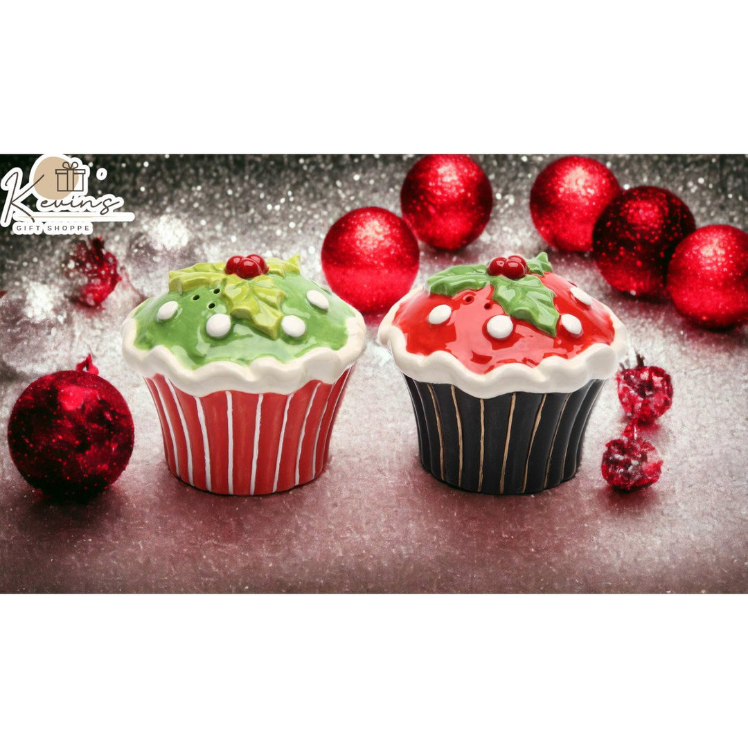 Ceramic Christmas Salt and Pepper Shakers Holly Cupcake 2.875 Inch Holiday Decor Image 2