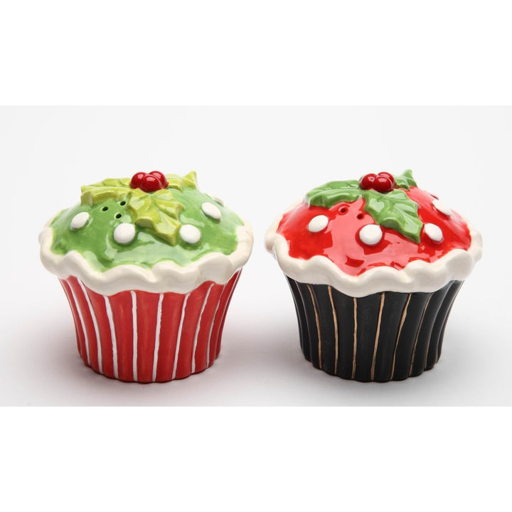 Ceramic Christmas Salt and Pepper Shakers Holly Cupcake 2.875 Inch Holiday Decor Image 3