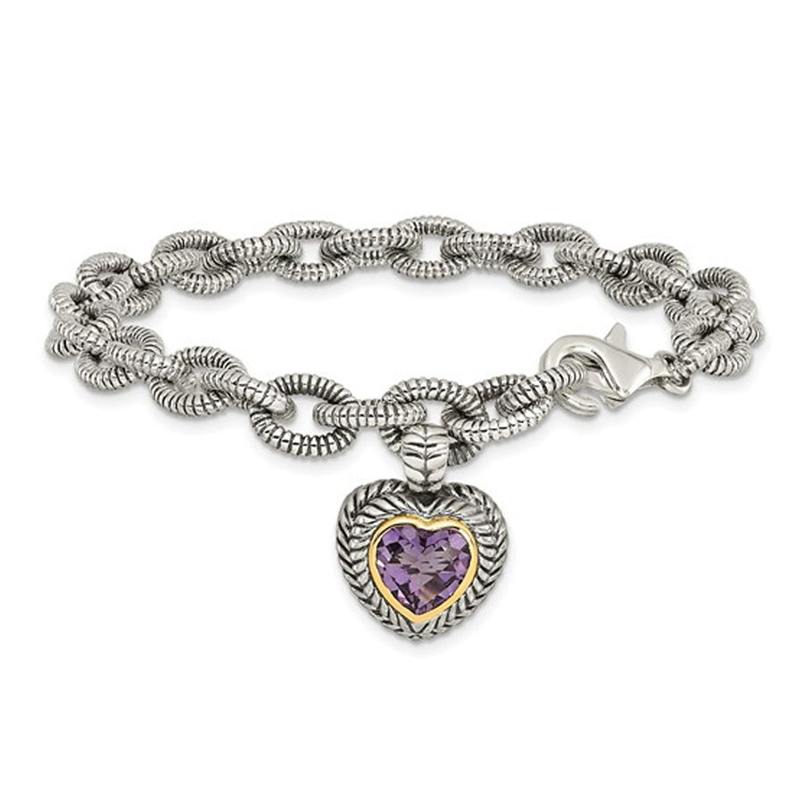 1.39 Carat (ctw) Amethyst Heart Link Bracelet in Sterling Silver Image 1