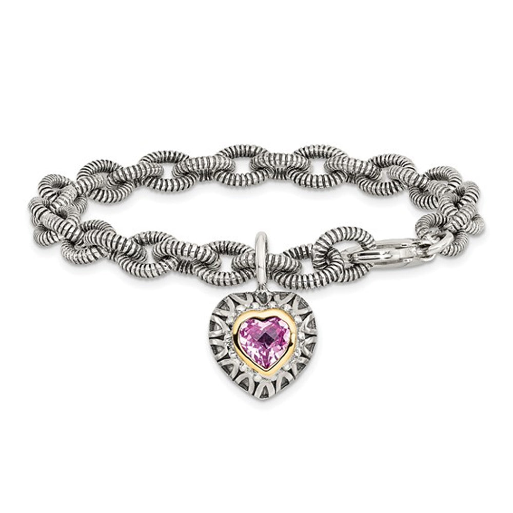 1.80 Carat (ctw) Lab Created Pink Sapphire Heart Bracelet Sterling Silver with 14K Gold Accent Image 1