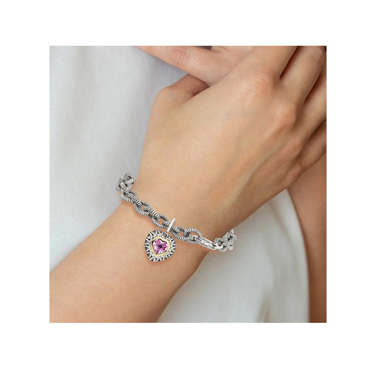 1.80 Carat (ctw) Lab Created Pink Sapphire Heart Bracelet Sterling Silver with 14K Gold Accent Image 4