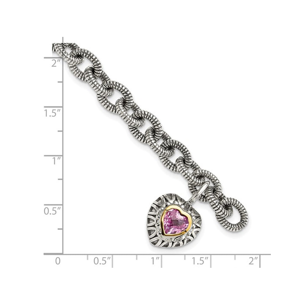 1.80 Carat (ctw) Lab Created Pink Sapphire Heart Bracelet Sterling Silver with 14K Gold Accent Image 4
