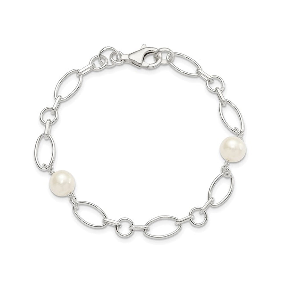 Sterling Silver Polished Link Bracelet with Freshwater Cultured Pearls Image 1