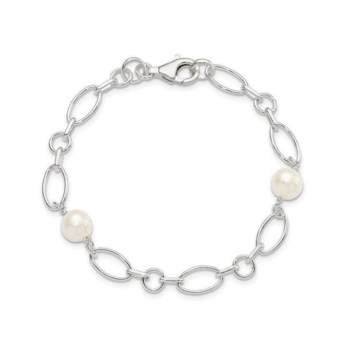 Sterling Silver Polished Link Bracelet with Freshwater Cultured Pearls Image 1