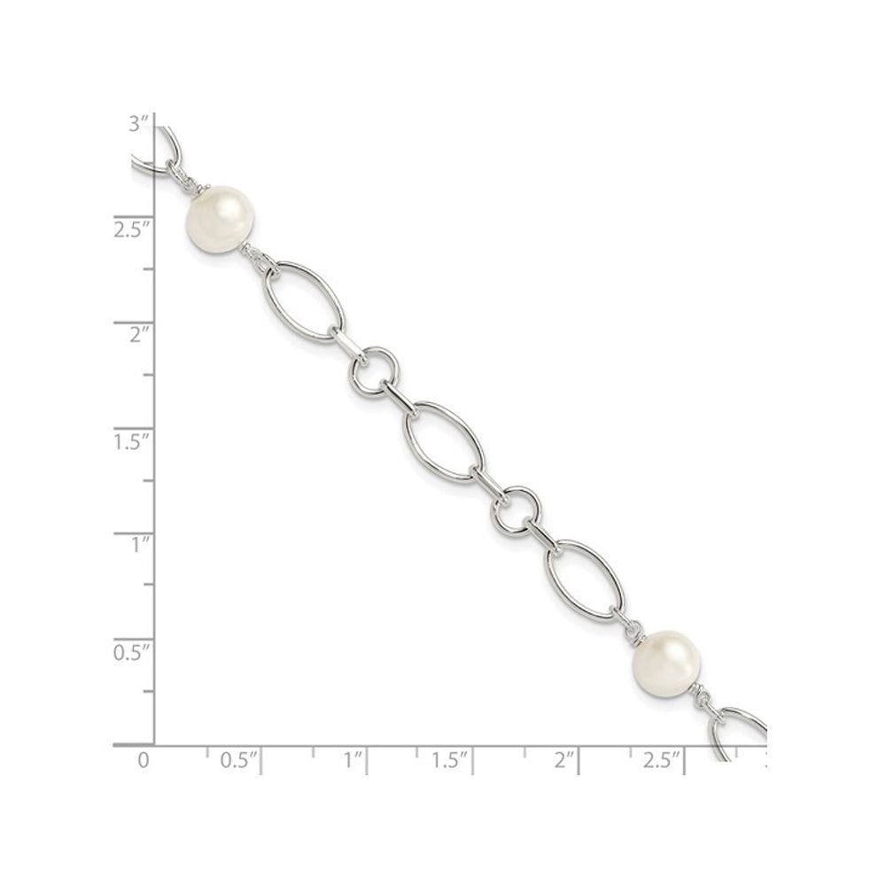 Sterling Silver Polished Link Bracelet with Freshwater Cultured Pearls Image 4