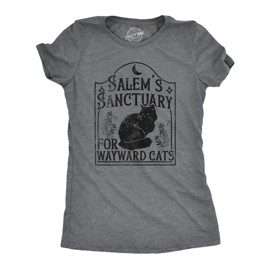 Womens Salems Sanctuary For Wayward Cats T Shirt Funny Spooky Halloween Kitten Lovers Tee For Ladies Image 1