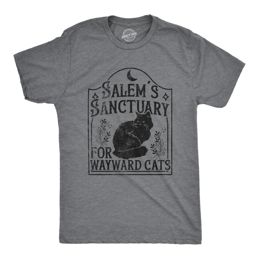Mens Salems Sanctuary For Wayward Cats T Shirt Funny Spooky Halloween Kitten Lovers Tee For Guys Image 1