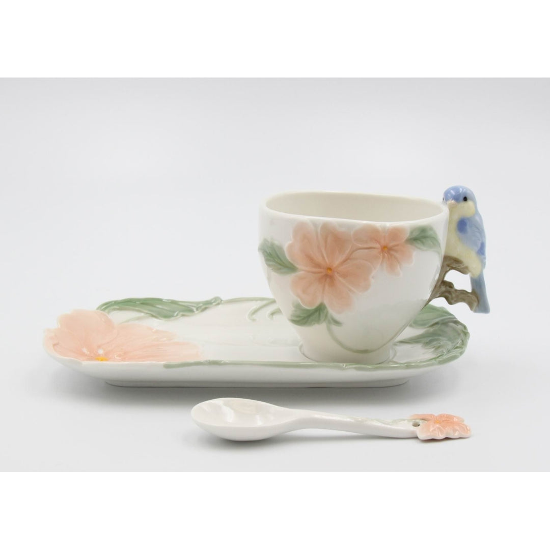 Ceramic Bluebird Flower Cup Saucer Spoon Set 3 Pieces Tea Party Image 3