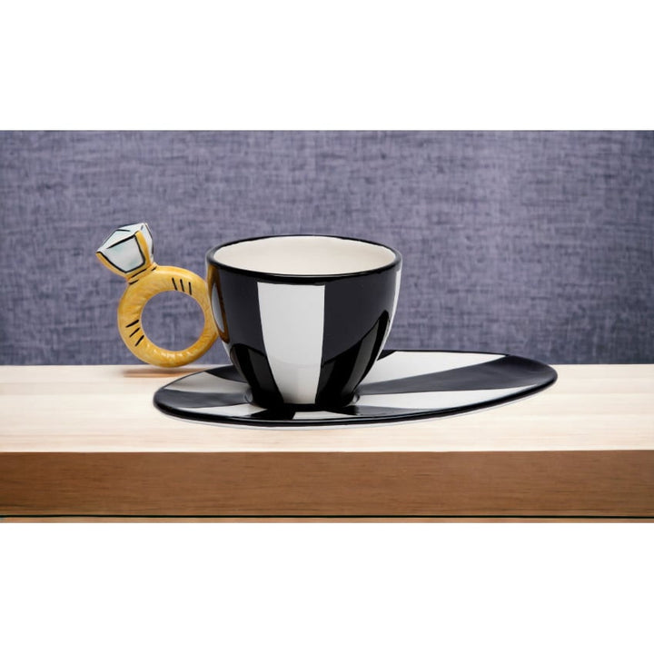 Ceramic Black and White Cup and Saucer with Diamond Ring Tea Image 2