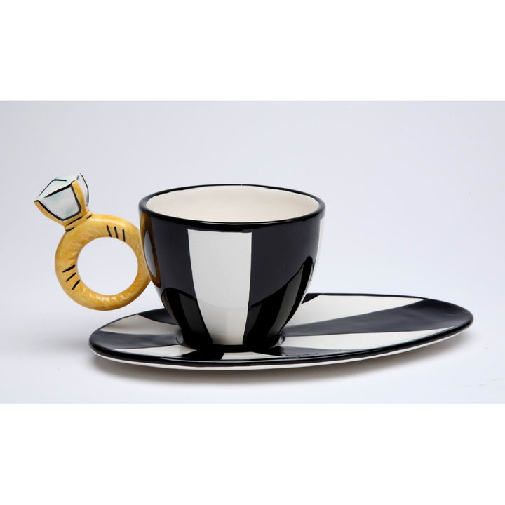 Ceramic Black and White Cup and Saucer with Diamond Ring Tea Image 3