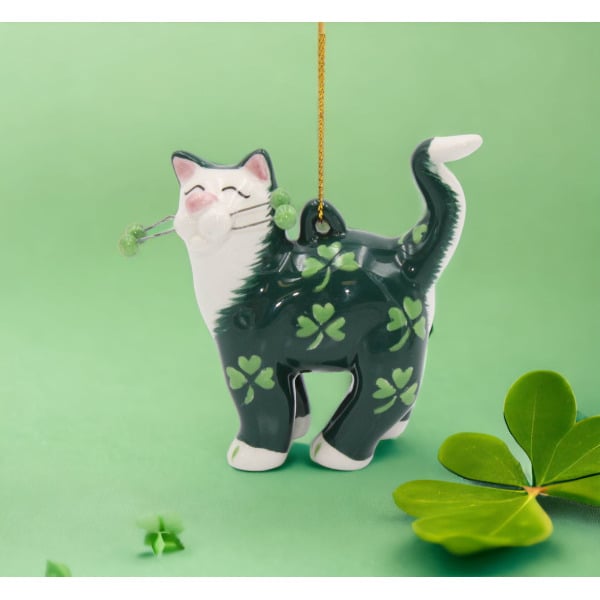 Ceramic Black Cat Shamrock Ornament 2.5 Inch Irish Image 1