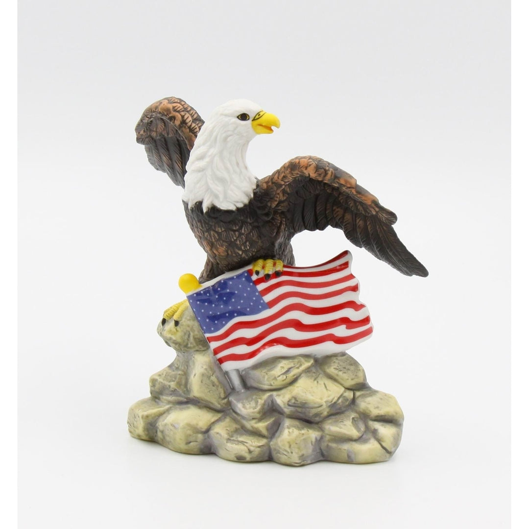 Ceramic Bald Eagle Figurine with American Flag 6.5in Independence Day Decor Gift Image 3