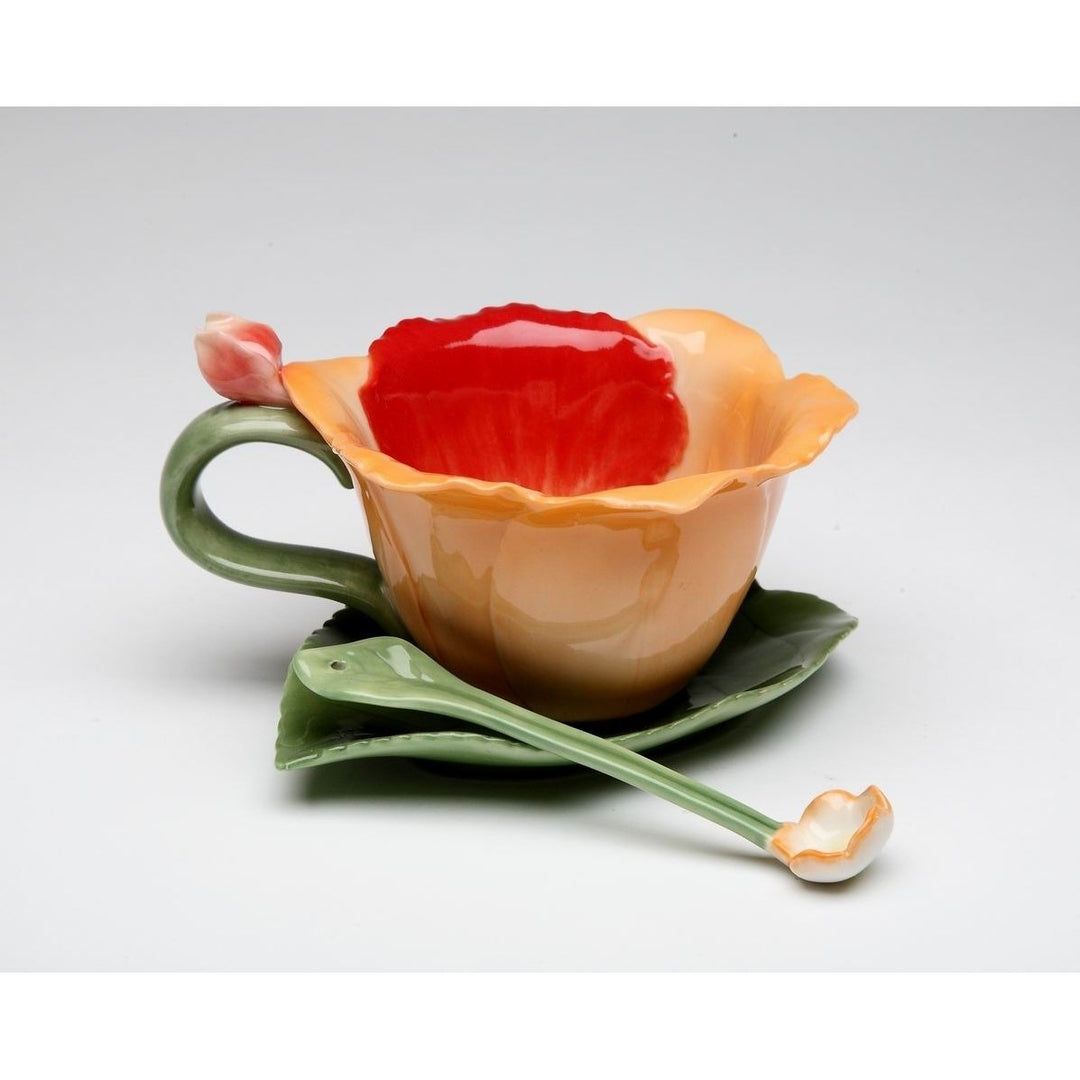 Ceramic Orchid Flower Cup Saucer Spoon Set 4oz Orange Tea Party Image 3