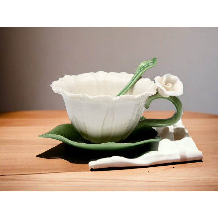 Ceramic White Daisy Flower Cup and Saucer and Spoon-1 SetMomTea Party DcorCaf Decor Image 2