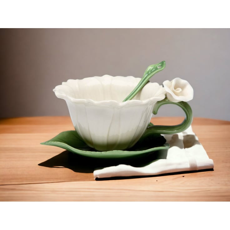 Ceramic White Daisy Flower Cup Saucer Spoon Set 4 Oz Gift Image 2