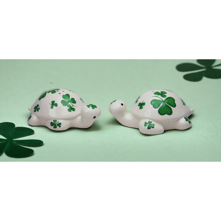 Ceramic Turtles Shamrock Salt and Pepper Shakers 3.75 Inch Gift Image 1