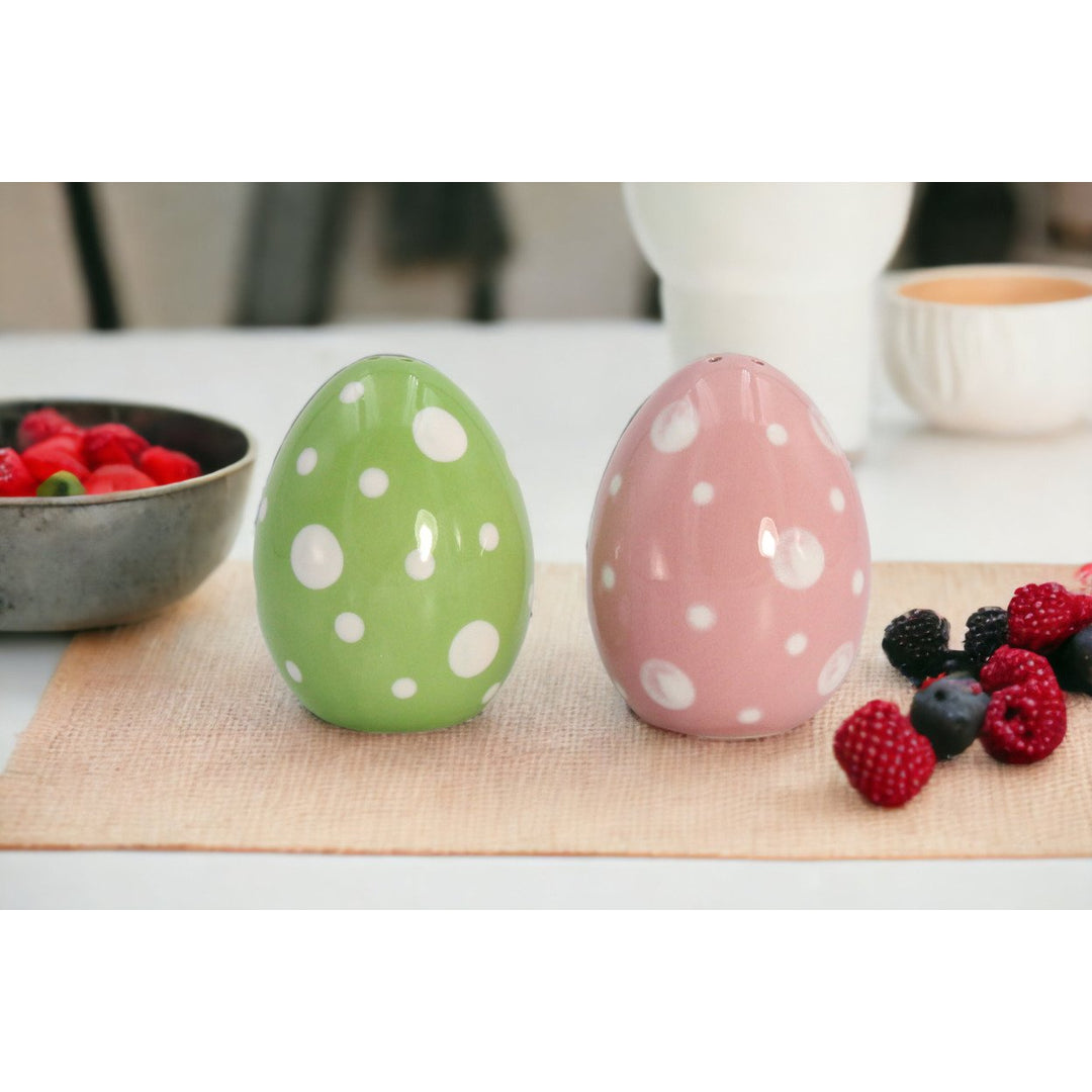 Ceramic Pink Green Easter Egg Salt Pepper Shakers 2in Image 3