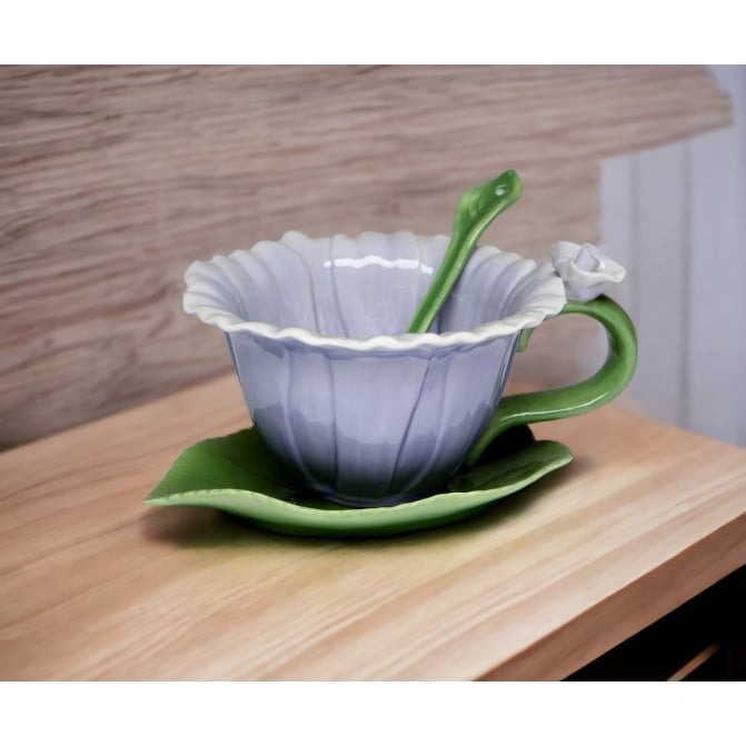 Ceramic Dahlia Flower Cup Saucer Spoon Set 6pc Image 2