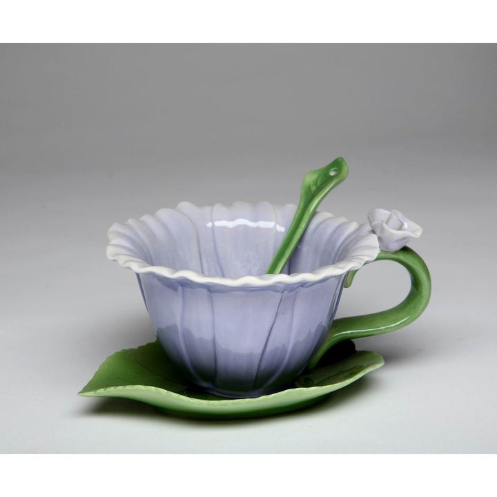 Ceramic Dahlia Flower Cup Saucer Spoon Set 6pc Image 3