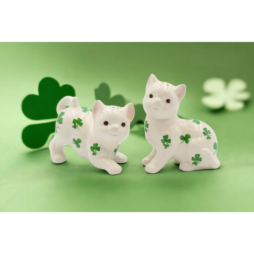 Ceramic Shamrock Cats Salt and Pepper Shakers Image 1