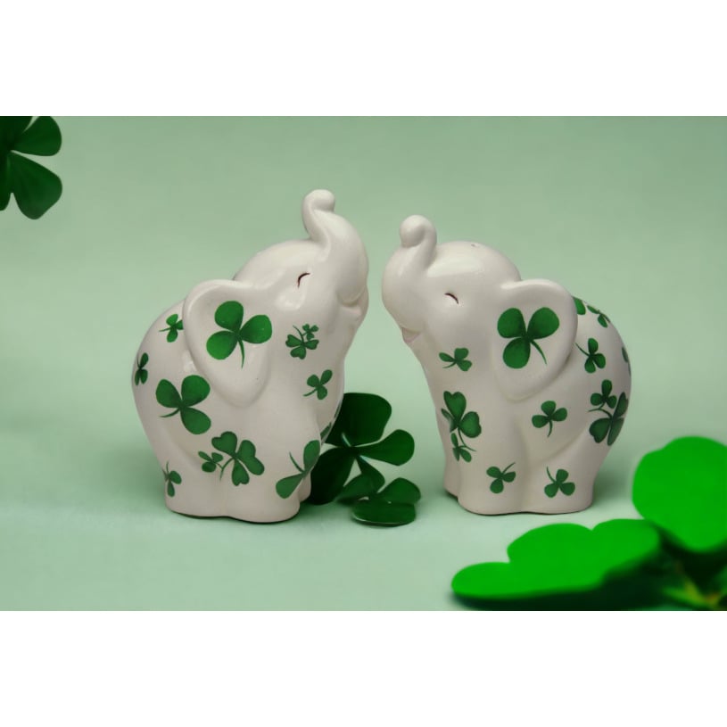 Ceramic Elephant Shamrock Salt Pepper Shakers 3.5 inch St Patricks Day Image 1