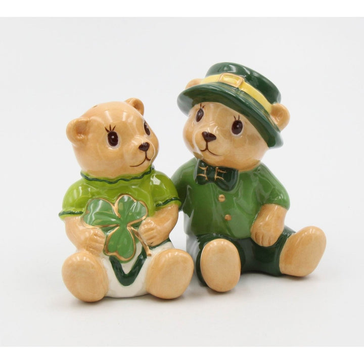 Ceramic Irish Teddy Bear Couple with Shamrock Salt and PepperKitchen DcorIrish Saint Patricks Day Dcor Image 3