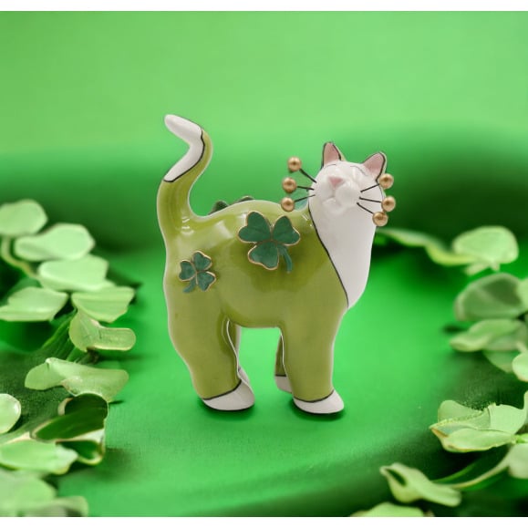 Ceramic Green Cat with Shamrocks and Golden Bead Whiskers FigurineHome DcorIrish Saint Patricks Day Dcor Image 1