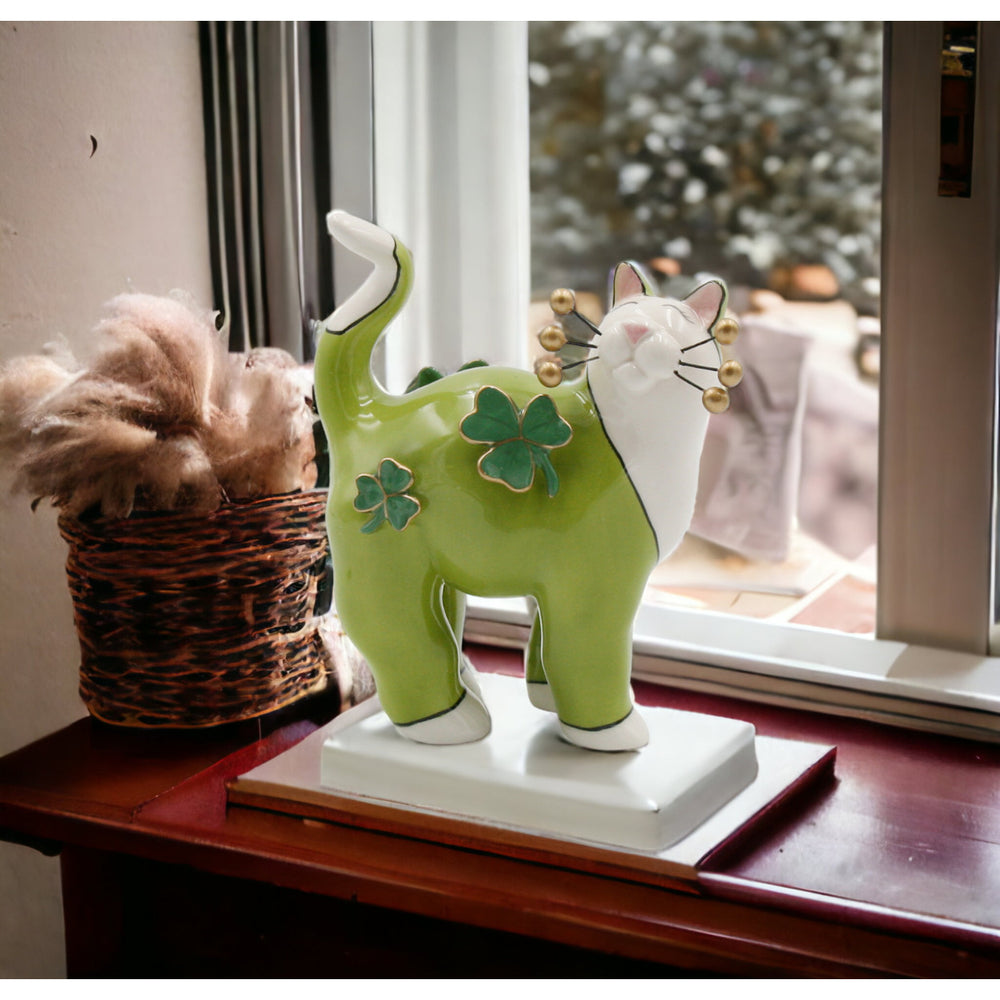 Ceramic Green Cat with Shamrocks and Golden Bead Whiskers FigurineHome DcorIrish Saint Patricks Day Dcor Image 2