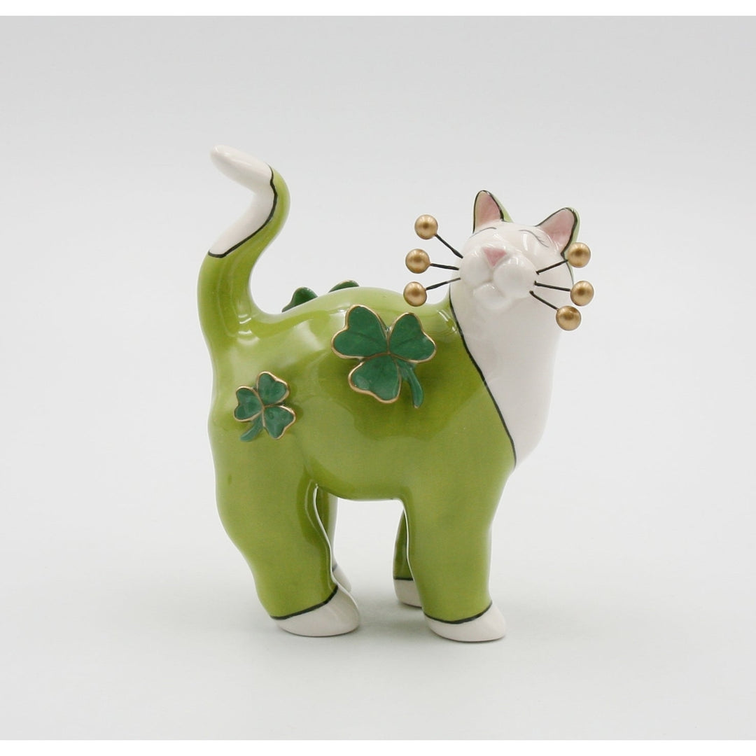 Green Ceramic Cat Figurine with Shamrocks and Golden Bead Whiskers 4.75in x 5.5in Image 3