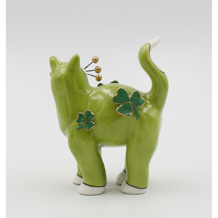 Green Ceramic Cat Figurine with Shamrocks and Golden Bead Whiskers 4.75in x 5.5in Image 4