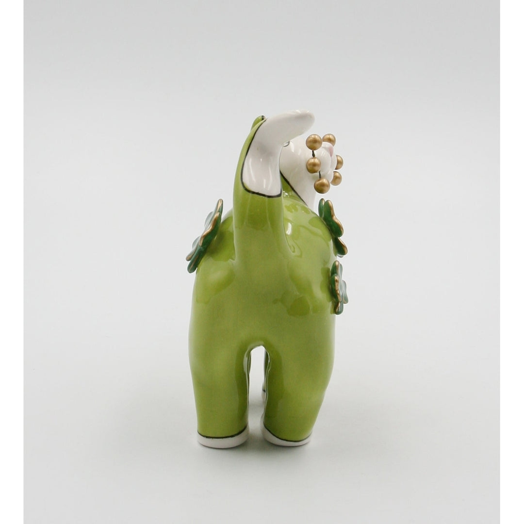 Green Ceramic Cat Figurine with Shamrocks and Golden Bead Whiskers 4.75in x 5.5in Image 4