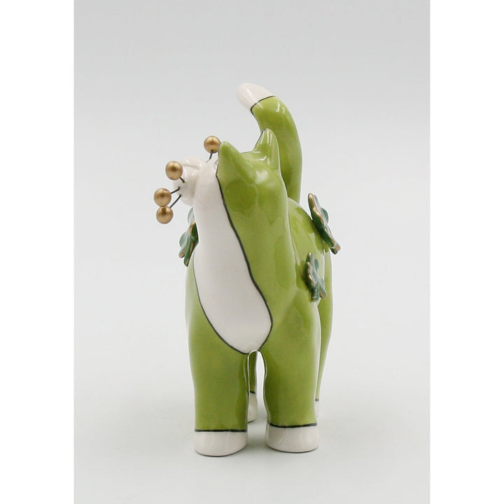 Green Ceramic Cat Figurine with Shamrocks and Golden Bead Whiskers 4.75in x 5.5in Image 6