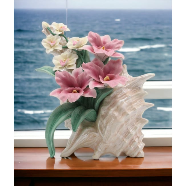 Ceramic Pink Orchid Narcissus Flowers Seashell Figurine 8.25 Inch Image 1