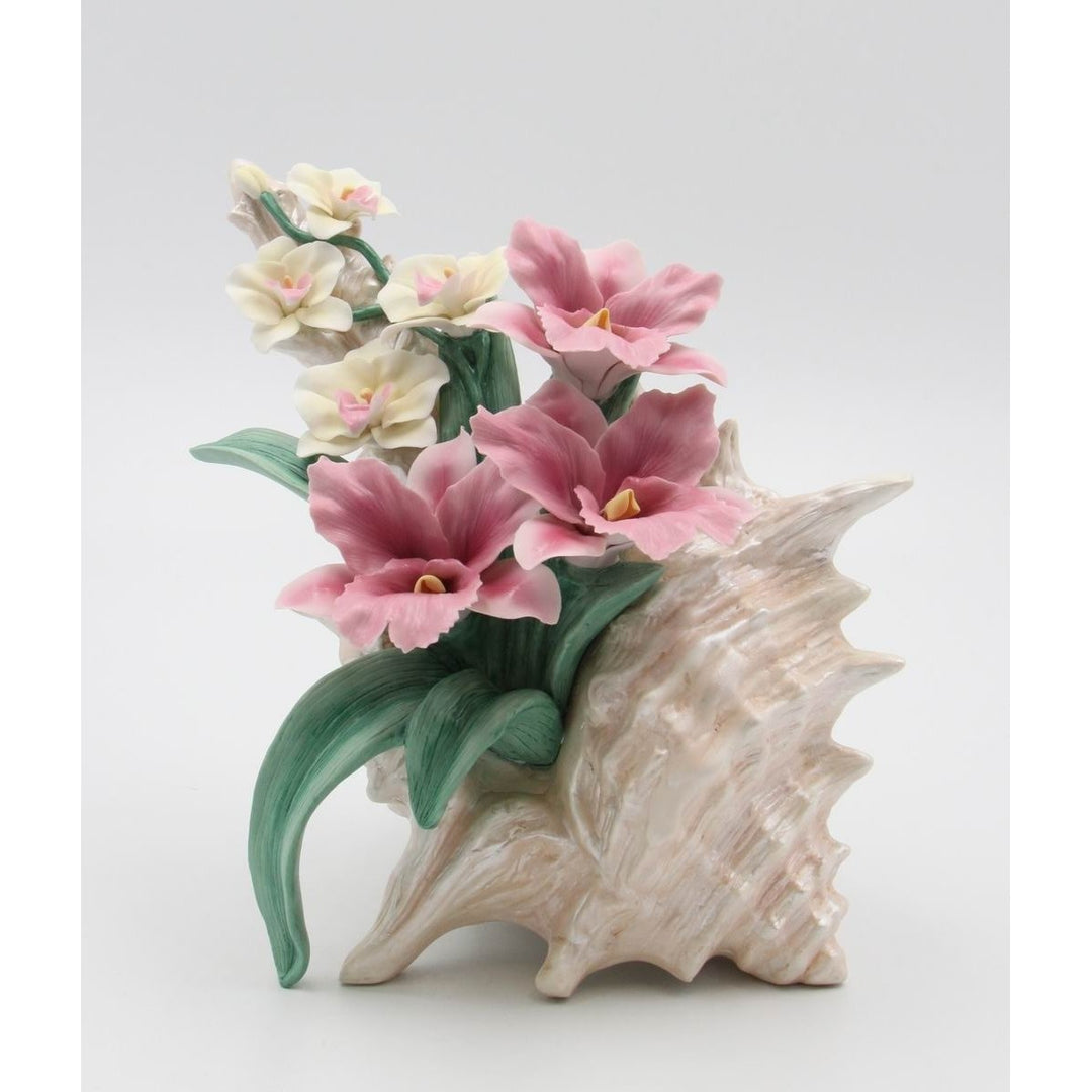 Ceramic Pink Orchid Narcissus Flowers Seashell Figurine 8.25 Inch Image 2