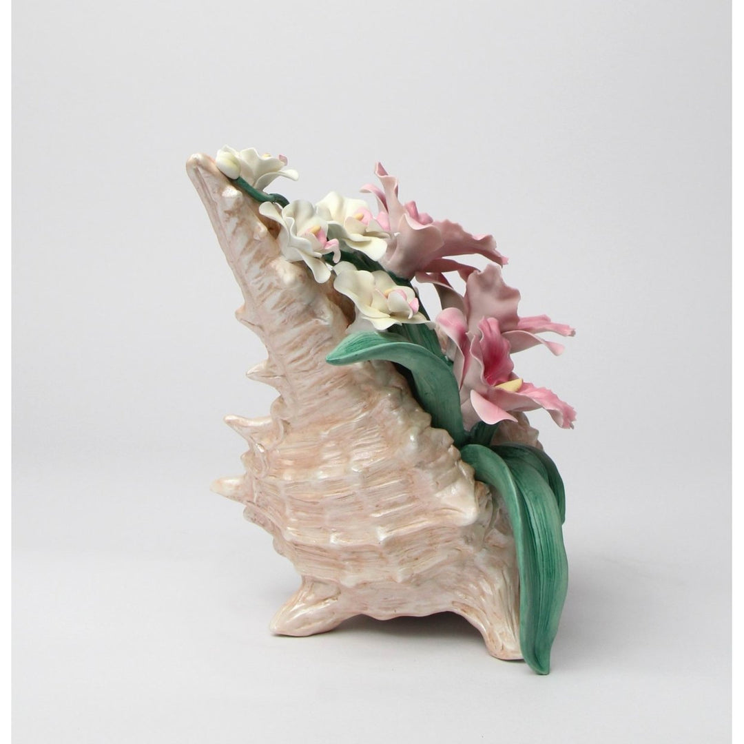 Ceramic Pink Orchid Narcissus Flowers Seashell Figurine 8.25 Inch Image 3