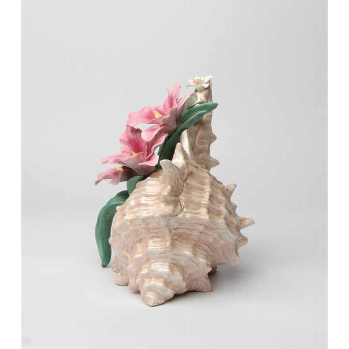 Ceramic Pink Orchid Narcissus Flowers Seashell Figurine 8.25 Inch Image 4