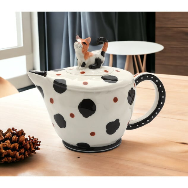 Ceramic Cow-Print Cat Teapot 7x4x6.125 inches Unique Gift for Cat Image 2