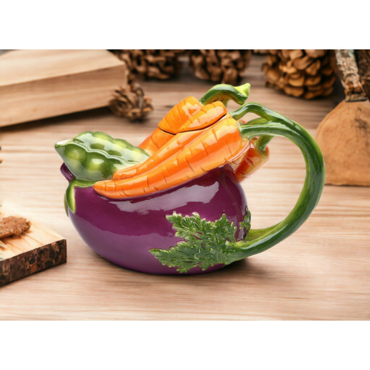 Hand Painted Ceramic Eggplant Carrots Teapot 11oz Image 1