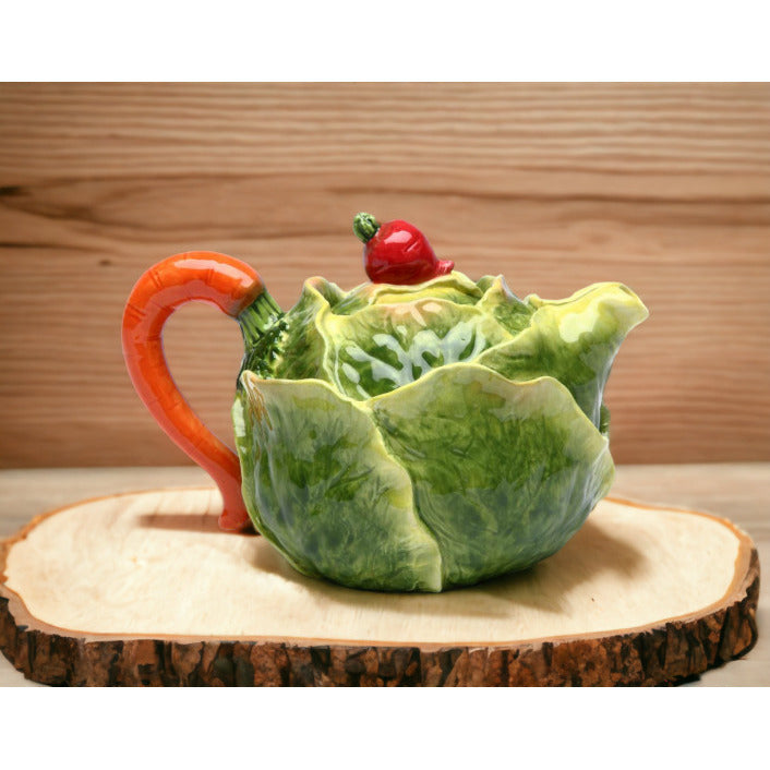 Ceramic Cabbage Teapot with Carrot Stick LidTea Party DcorCaf DcorFarmhouse Dcor, Image 2
